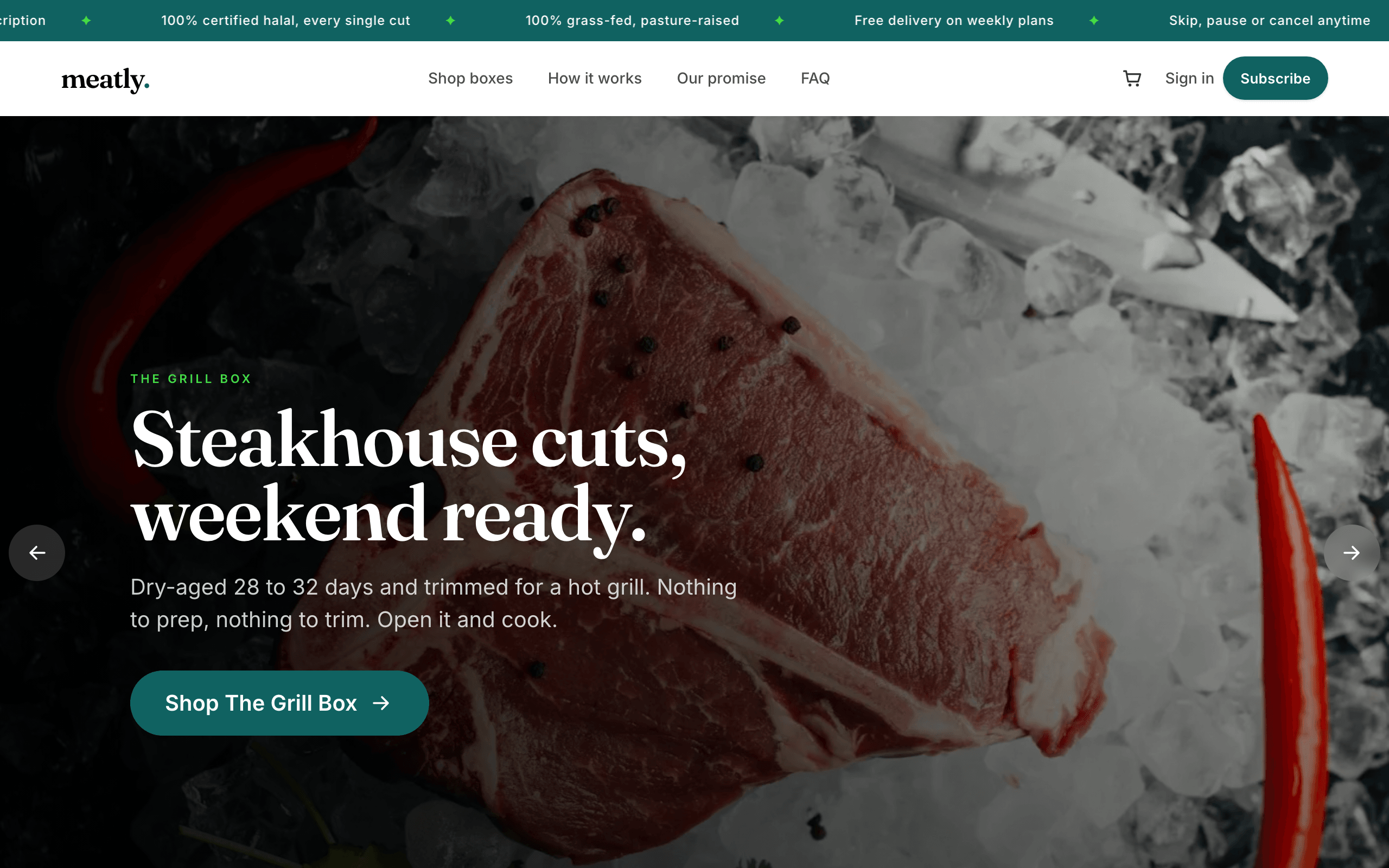 Meatly halal meat subscription homepage - a dry-aged steak on ice under the headline Steakhouse cuts, weekend ready