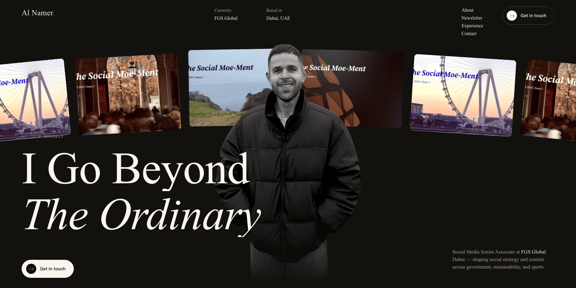 Al Namer personal site hero — cut-out portrait over floating newsletter covers on a near-black background