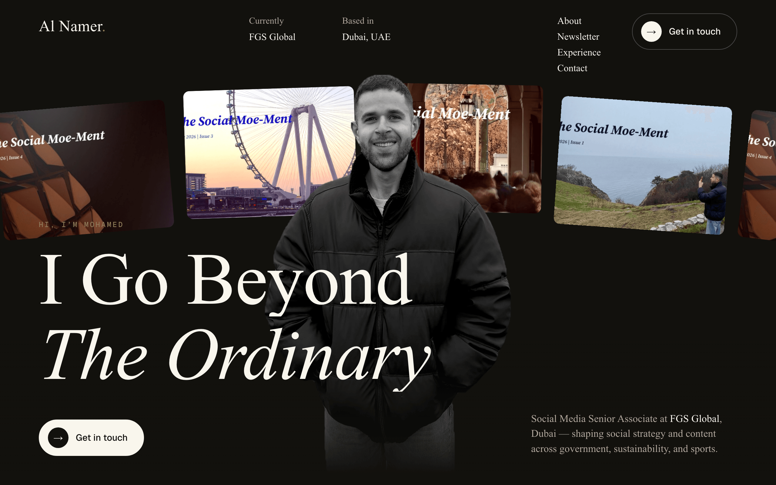 Al Namer personal site hero - cut-out portrait over floating newsletter covers on a near-black background
