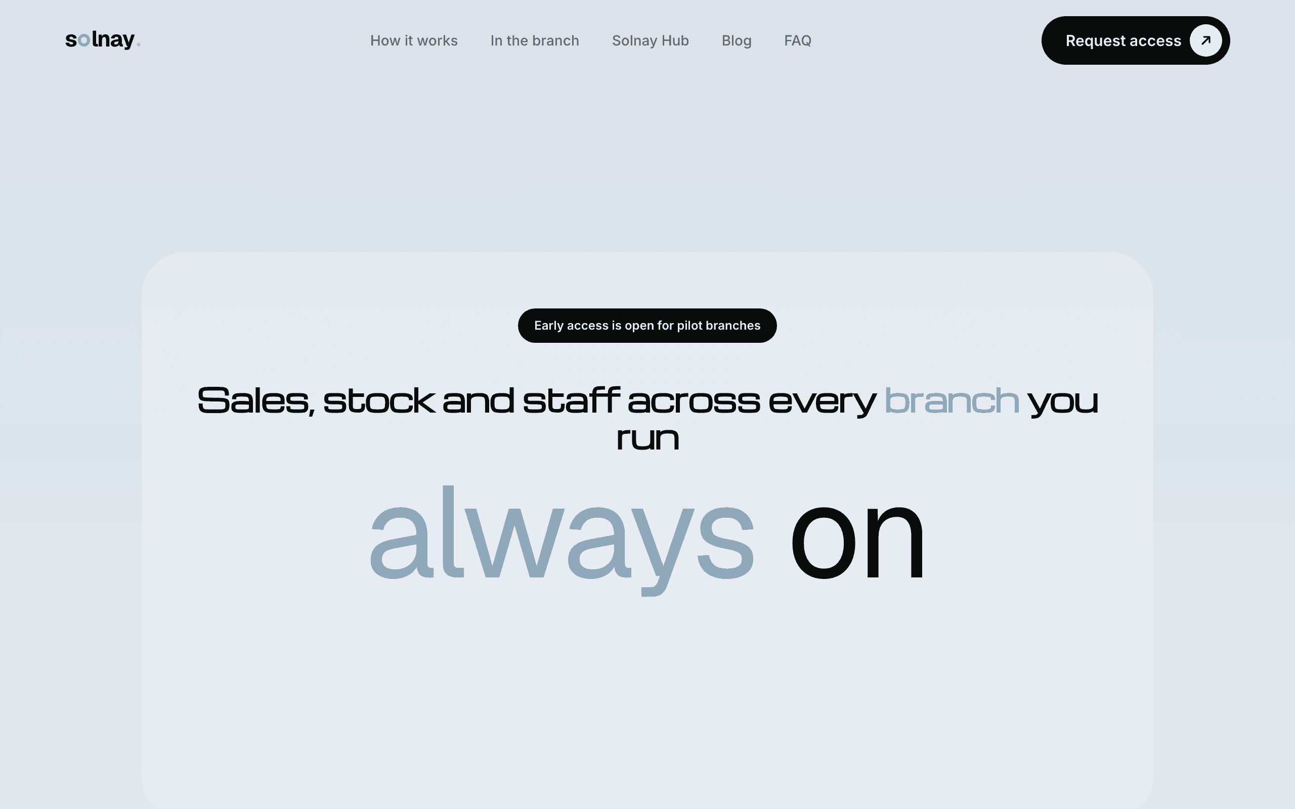 Solnay point-of-sale website hero - the headline Sales, stock and staff across every branch you run