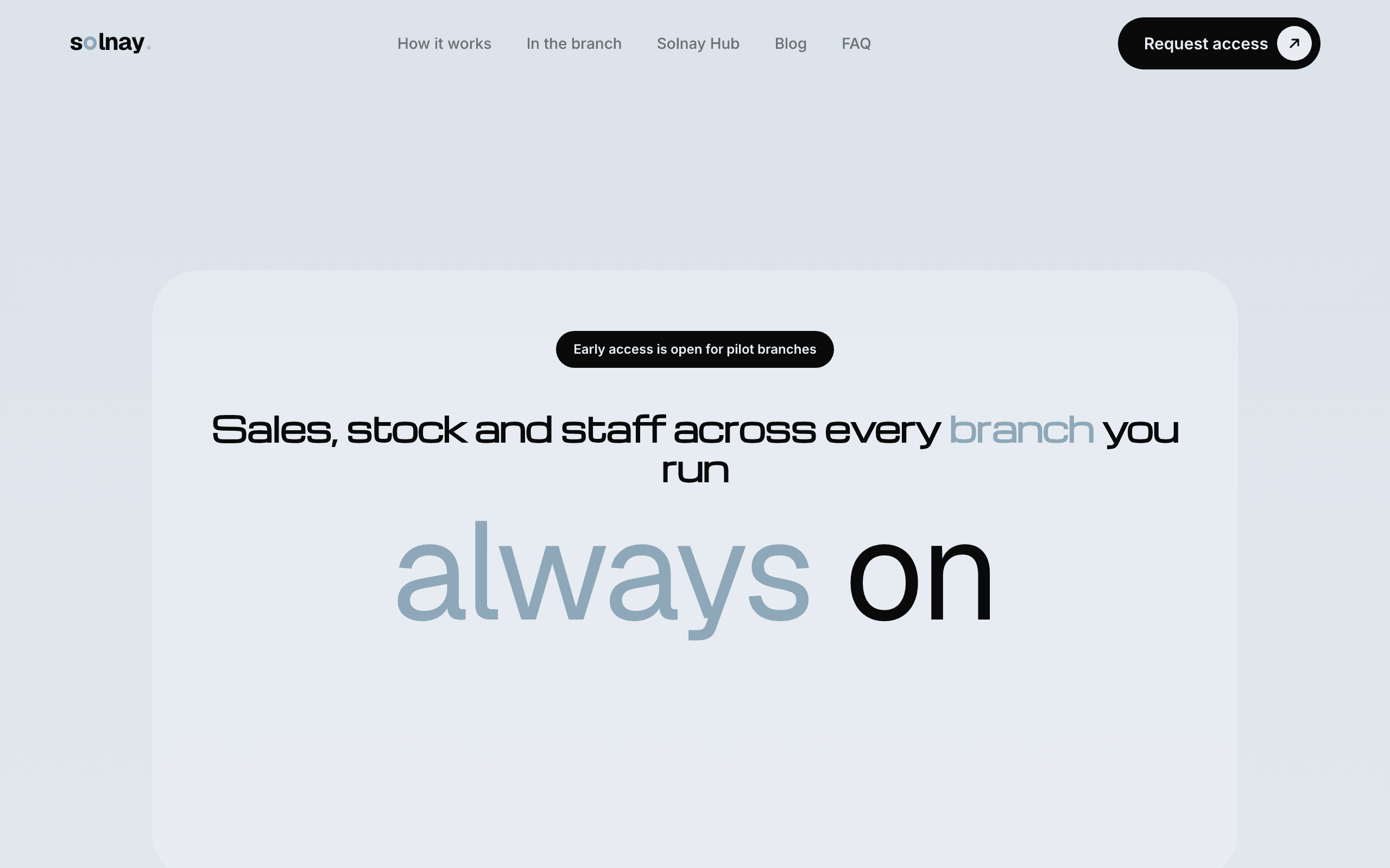 Solnay point-of-sale website hero - the headline Sales, stock and staff across every branch you run